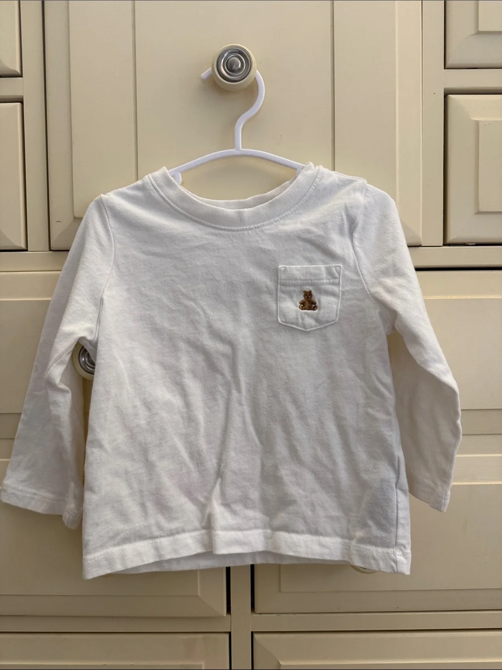 GAP White Long Sleeve Tee with Brown Teddy Pocket Patch